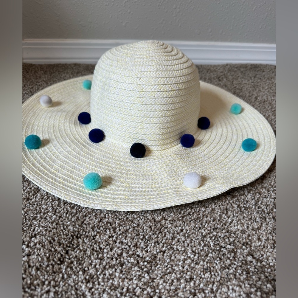 BCBGeneration Paper Straw Multi Colored Pom Pom Floppy Hat One Size